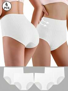 HANQIYA 4pcs Women Underwear, Skin-Friendly, Elegant Solid Color With Striped Design, Extended Gusset