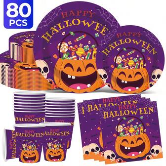2025 万圣节派对主题一次性餐具套装，一次性派对盘子，包括20人套装/10人套装，7英寸+9英寸+主题纸杯+餐巾，全新万圣节派对产品！生日派对，生日盘子，餐厅装饰，厨房，厨房，南瓜，女巫，蝙蝠，蜘蛛，骷髅，鬼魂，墓碑，装饰吊坠。
