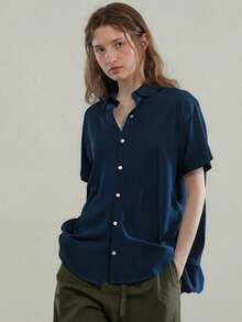 Women's Plain Basic Blouse, Short Sleeve, Loose And Comfortable, Casual Fashion - 藏蓝色 - 查看 2