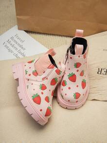 1 Pair Kids Strawberry Print Short Boots, New Autumn/Winter 2025 Children Casual Short Boots