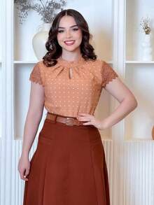Women's Short Sleeve Lace Blouse Polka Dot V Neck - Rust Brown - View 3