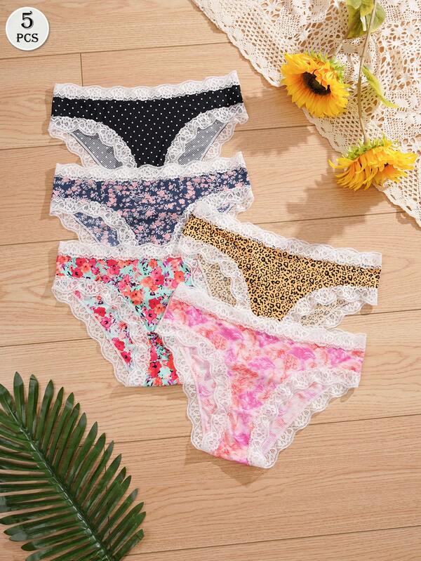 5PCS Women Sweet Printed Lace Trim Bikini Panties