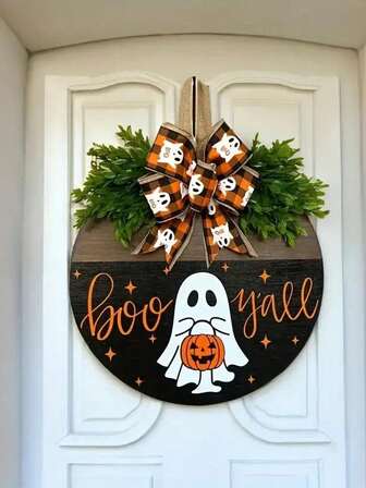 1 st, Halloween-trädörrhängande dekoration - välkomstskylt med spöke, pumpa och höstband heminredning Halloween-dekor rumsdekor