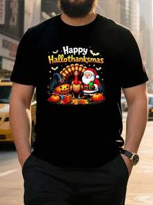 Men'S Big & Tall Halloween T-Shirt - Heavyweight 100% Cotton Crewneck Tee With Happy Hallothankmas Graphic (Santa, Pumpkin, Witch Hat) - Black Shirt For Halloween, Thanksgiving, Christmas - Machine Washable Holiday Party Costume & Everyday Casual Wear - Ideal Gift For Big & Tall Men, Festive Occasion Outfit, Playful Festive Design, Comfortable Fit,Nightmare Before Christmas,Christmas,Halloween Costumes,Funny T Shirts,Summer Outfits,Thanksgiving Day,Men Graphic Tees,Streetwear Men - màu đen - Xem 1