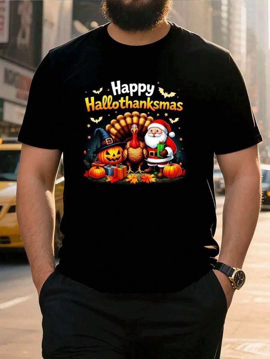 Men'S Big & Tall Halloween T-Shirt - Heavyweight 100% Cotton Crewneck Tee With Happy Hallothankmas Graphic (Santa, Pumpkin, Witch Hat) - Black Shirt For Halloween, Thanksgiving, Christmas - Machine Washable Holiday Party Costume & Everyday Casual Wear - Ideal Gift For Big & Tall Men, Festive Occasion Outfit, Playful Festive Design, Comfortable Fit,Nightmare Before Christmas,Christmas,Halloween Costumes,Funny T Shirts,Summer Outfits,Thanksgiving Day,Men Graphic Tees,Streetwear Men - màu đen - Xem 1