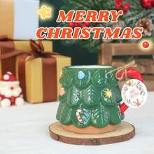 LECHENG HOUSEHOLD 1 tazza 1 cucchiaio, confezione regalo, tazza da 400ml in ceramica natalizia fatta a mano, con motivo 3D dipinto a mano, tazza per caffè/tè per celebrazioni natalizie, adatta per la tua bevanda quotidiana, regalo di Natale, microonde - Tazza regalo a forma di albero di Natale (1 tazza, 1 cucchiaio) - Visualizzare 3