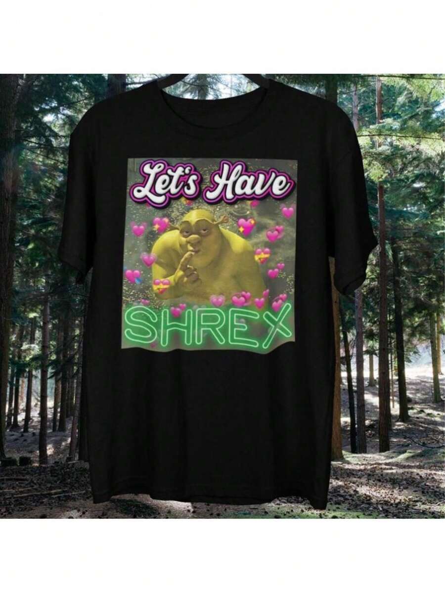 Lets Have Shrex Meme Funny Shirt Satire Parody Graphic Print Short Sleeve Crew Neck Casual Cotton Top For Men - Black - View 1