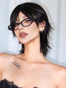 10-Inch Short Mullet Head Wigs With Bangs Synthetic Straight Women Black Short Hair Wig For Daily Party Cosplay - 黑色 - 查看 6