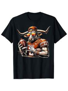 DurableTexas Longhorn Pattern T-Shirt, Crew Neck, Short Sleeve T-Shirt Suitable For Men, Women, And Teens- Black With Burnt Orange Accents, Perfect For Outdoor Activities And Daily Wear, Sports Fan Apparel Football Themed Clothing T-Shirt With - 黑色 - 查看 1
