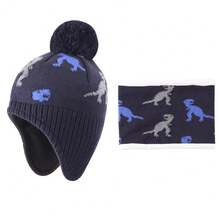 Winter Toddler Boys Hat Dinosaur Warm Scarf Set Pompom Baby Beanie Knitted Baby Hat Scarf Gloves Earflaps