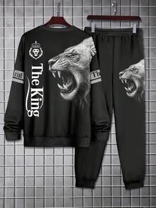 2 piezas Conjunto de talla grande para hombre con estampado de león - Sudadera de cuello redondo y pantalón de chándal, Estilo callejero de la letra "The King", Ropa de otoño
