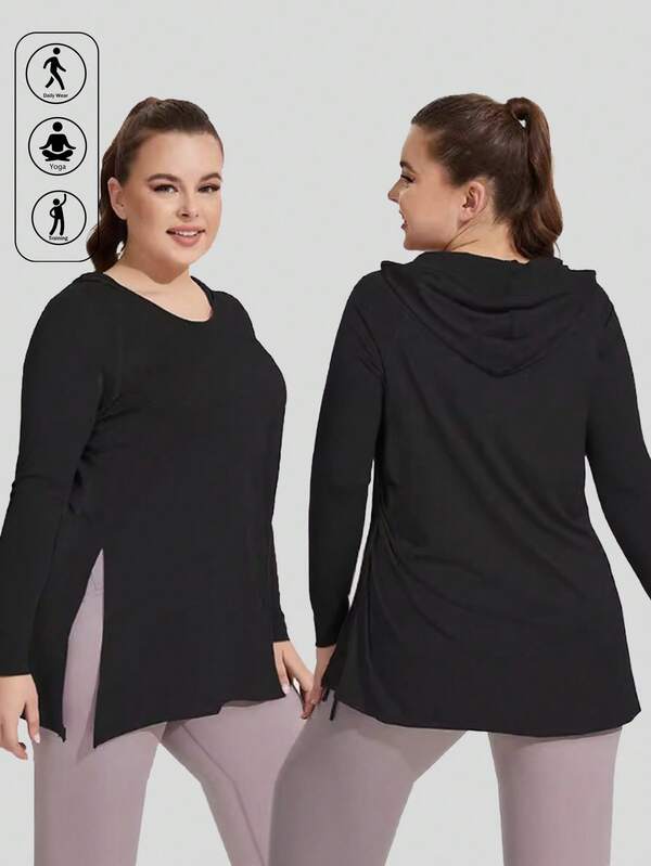 Plus Size Women's Christmas Sports Wear, Long Sleeve Running Outdoor T-Shirt With Raglan Sleeves, Hooded - Drawstring Hem Slit Tunic T-Shirt, Autumn/Winter New Arrival