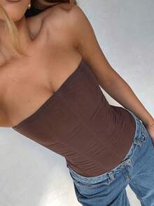 Women's Vintage Strapless Corset Tops Zip Back Boned Mesh Bustier Bodyshaper Tube Top - Cà phê nâu - Xem 2