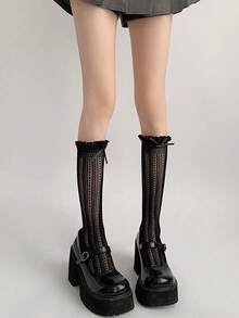 Șosete la modă crem alb pentru femei, șosete lungi cu model vertical, stil retro japonez, dulce, subțiri și drăguțe, la modă, crem, la modă