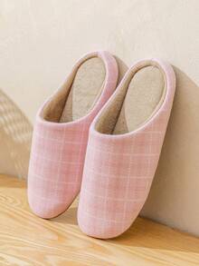 男女通用室内静音拖鞋，适合所有季节，时尚格子面料鞋面，防滑，适用于办公室、客厅、卧室，简约优雅的家用鞋 - 粉色 - 查看 2