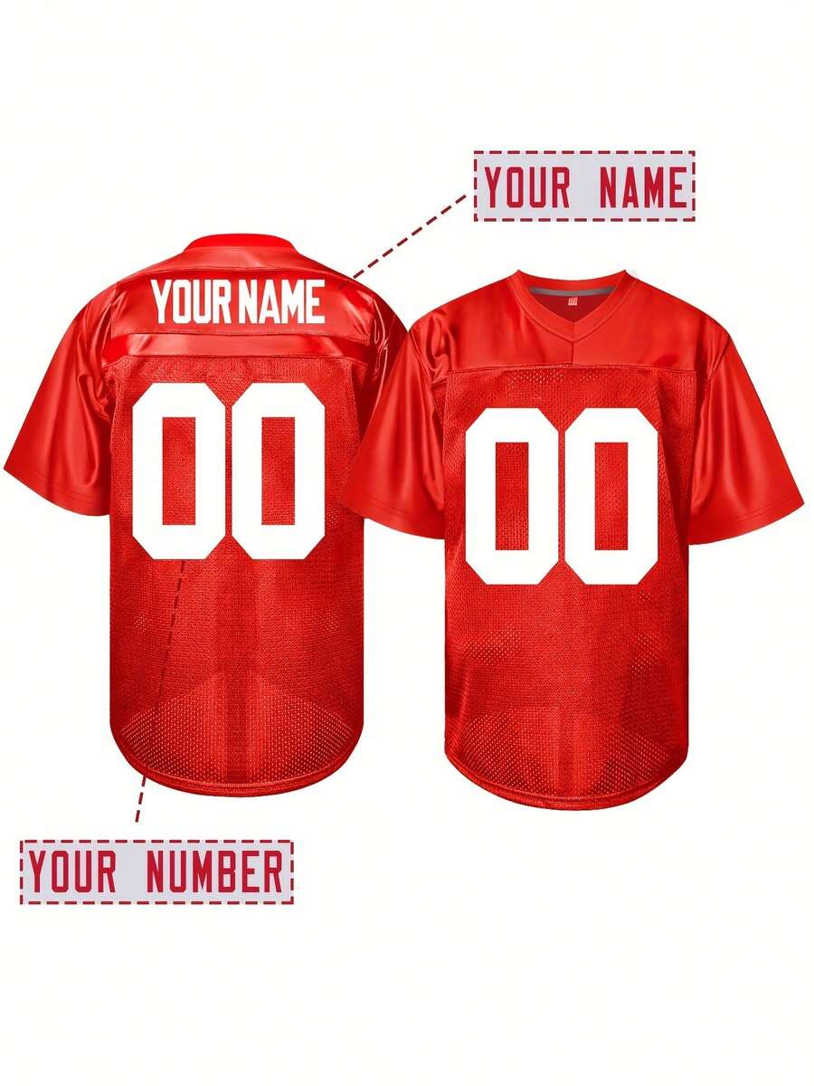 Customized Name And Number Men's Embroidered American Football Jersey New York Red V-Neck Personalized Short Sleeved Shirt Party Game Training Competition Sports Top DIY S-XXL - 紅色 - 查看 1