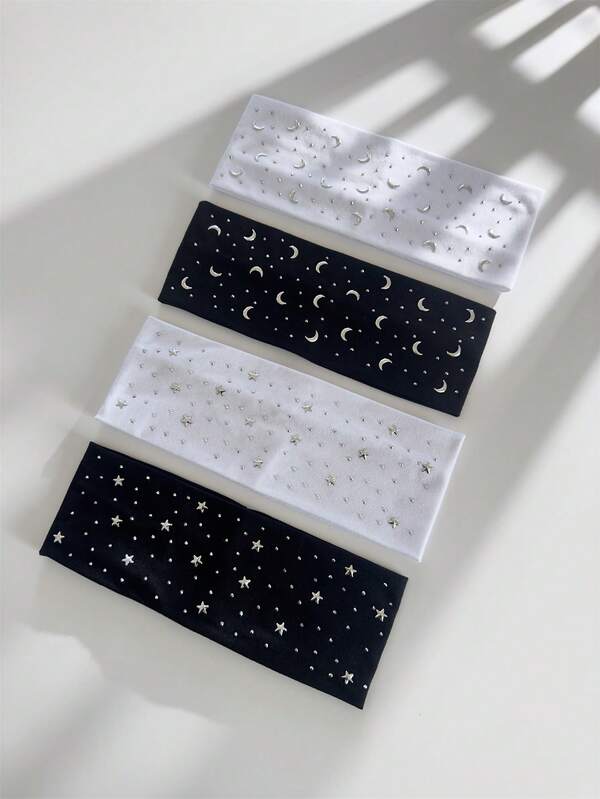 1pc Women's Simple Casual Headband, Classic Black & White Color Scheme, Decorated With Silver Stars & Moon Rhinestones, Soft & Skin-Friendly Material, Versatile For Hairstyling And Everyday Wear,Gifts,Travel,Gifts For Women,Hair Stuff,Stocking Stuffers