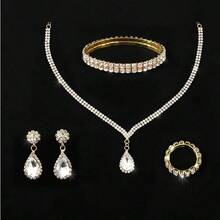1 Set Classic Fashionable Luxury Full Crystal Teardrop Necklace, Earrings, Bracelet 4-Piece Jewelry Set, Suitable For Parties And Everyday Wear