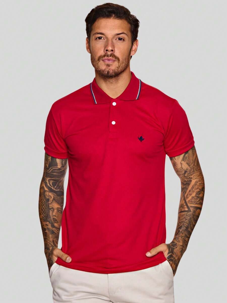 MEN'S POLO COLLAR SHIRT CASUAL BUTTON SLIM T-SHIRT PROMOTION - Red - View 1