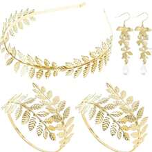 5 Pcs Greek Goddess Costume Accessories Set, 1 Piece Golden Leaf Crown Headband, 2 Pieces Coil Upper Armband Bracelet, 2 Pieces Dangle Earrings, Bridal Wedding Headpiece Toga Costume