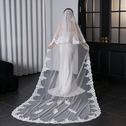1 件欧美风格新娘蕾丝花边双层教堂拖尾婚纱头纱，婚纱配饰，耐热减少皱纹女士秋装