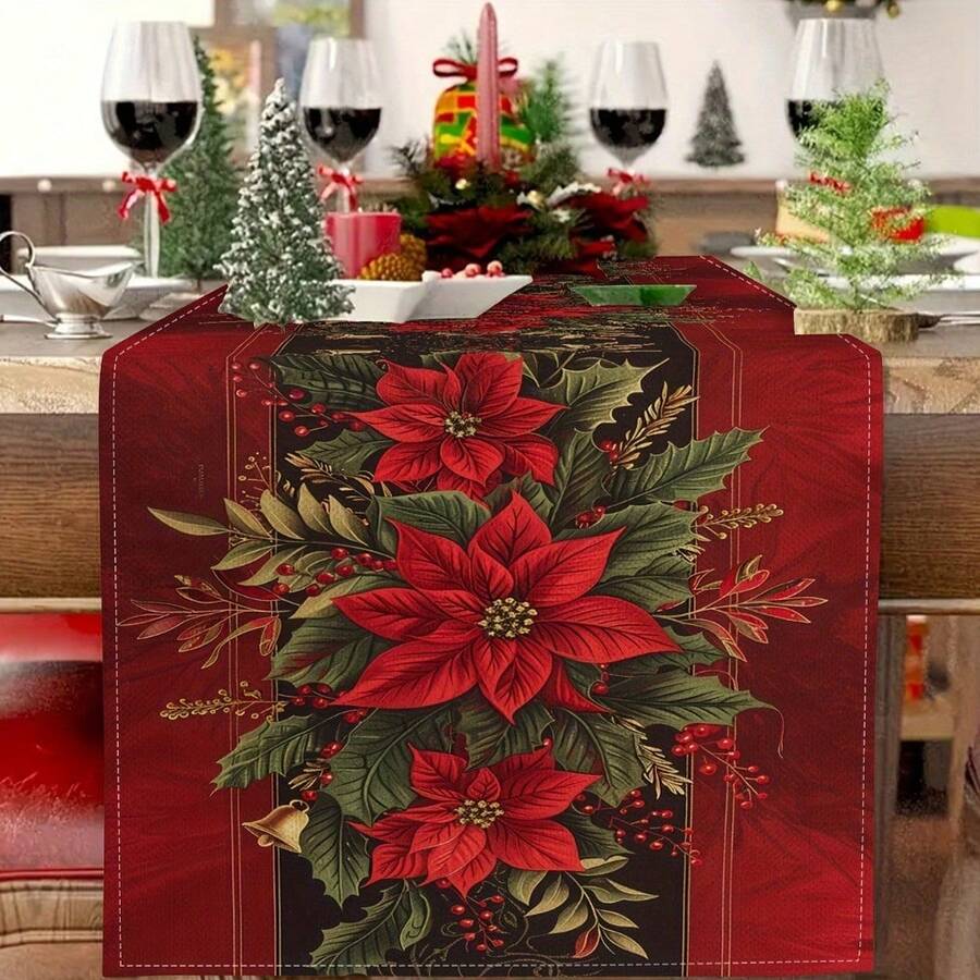 Christmas Poinsettia Table Runner - Knit Fabric Rectangular Holiday Table Decor, Festive Floral Design For Indoor & Outdoor Christmas Party Decorations