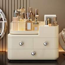 CASEGRACE 1 pièce Organisateur de maquillage à 3 niveaux grande capacité avec tiroirs - Boîte de rangement cosmétique portable, design compact en plastique durable pour la coiffeuse, la salle de bain et le bureau - Rangement pour rouge à lèvres, soins de la peau, pinceaux. Construction robuste, organisateur de rangement cosmétique, finition lisse, boutons métalliques