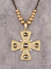 1pc Minimalist Golden Alloy Pendant Necklace, Vintage Cross & Turquoise Necklace, Suitable For Daily Wear And As Gift For Girlfriend/Boyfriend