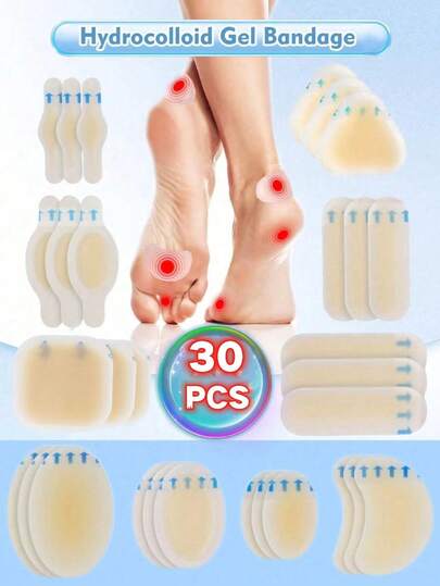 1 SET - 30 PIEZAS Parche de gel anti abrasión, almohadilla de hidrocloroide viscoso, cuidado de los pies, almohadilla de cuidado impermeable, espuma de gel invisible, diez tamaños, se puede usar para todas las partes del Body, familias, fiestas, necesidades de Halloween