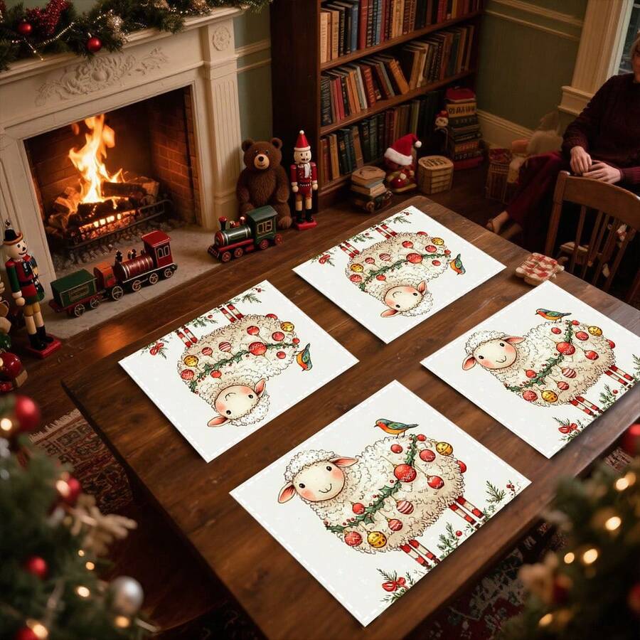 1 set/1 pièce/4 pièces/6 pièces Dessous de plat motif mouton et baie de houx de Noël, dessous de plat rectangulaires en polyester lavables en machine, protège-table, dessous de plat isolants, décorations de table de restaurant, fournitures de fête, décorations de Noël pouvant tous être offerts en cadeau