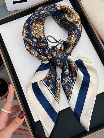 1 pieza Pañuelo de seda sintética de 70 cm con estampado de cachemira, pañuelo clásico para mujer, diadema, bufanda para el cuello, apta para uso diario con vestidos