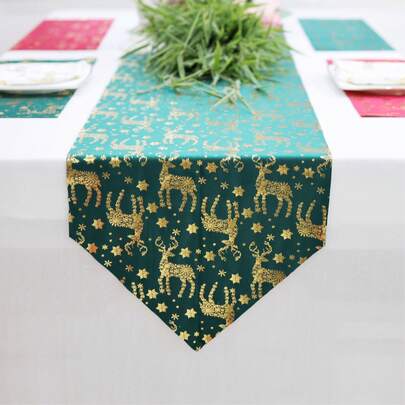 1 conjunto de caminho de mesa com estampa de folha de Natal 35*183 cm/13,78*72 polegadas 35*275 cm/13,78*108 polegadas com elegante tecido de veludo de poliéster com rena brilhante e floco de neve, perfeito para festa, inverno, piquenique, decoração de celebração interna ou externa
