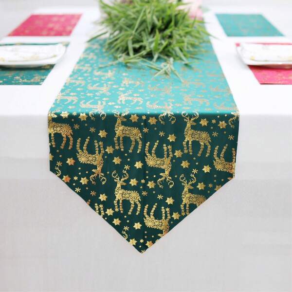 1 Pieces Set Of Christmas Foil Print Table Runner 35*183cm/13.78*72inch 35*275cm/13.78*108inch With Elegant Shimmering Reindeer And Snowflake Polyester Velvet Fabric Perfect For Party Winter Holiday Picnic Indoor Or Outdoor Celebration Decor