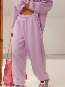 Women Solid Baggy Sweatpants Casual Elastic Waist Wide Leg Sports Pants With Pockets Loose Trousers - 紫色 - 查看 2