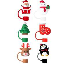 6pcs/Set Christmas Silicone Straw Cap,Four Styles To Choose From And Reusable Cartoon Santa Claus, Snowman, Reindeer, Penguin And Christmas Tree Design, Suitable For Cup Straws With Diameters Of 9mm-10mm - Straw Accessories