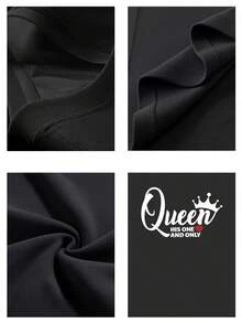 Camiseta Tops casuales de mujer con estampado texto Queen 220 g de algodón puro grueso y cómodo - Negro - Ver 4