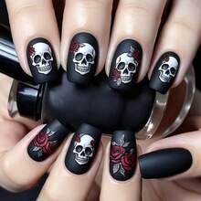 24pcs Halloween Black Matte Rose Skull Print Full Cover Press-On Fake Nails For Women Festival Party Nail Art Decoration - A12-01-01 - 查看 1