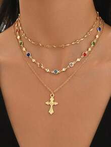 1pc Fashionable Elegant Virgin Mary Embossed Y-Shape Long Necklace, Vintage Religious Cross Pendant Sweater Chain For Women, Suitable For Daily Wear And Gatherings - 彩色 - 查看 7