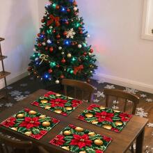 1 set/1 pieza/4 piezas/6 piezas Manteles individuales con estampado de flores de acebo navideñas, lavables a máquina, de poliéster rectangular, protectores de mesa, manteles individuales termoaislantes, decoraciones de mesa de restaurante, suministros para fiestas, decoraciones navideñas que pueden regalarse