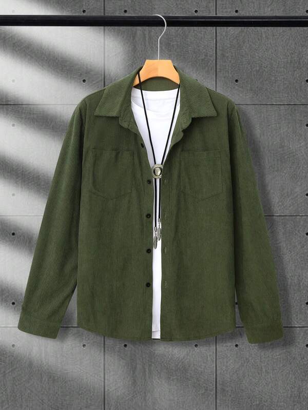 Casual Solid Color Button-Up Long Sleeve Men's Shacket With Pockets