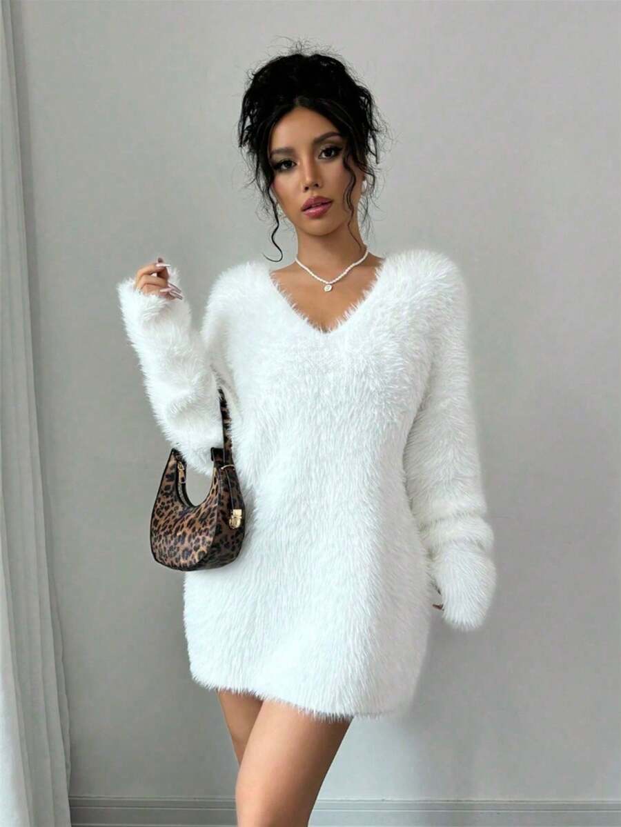 Cross-Border V-Neck Knitted Sweater Dress For Europe & America - 2025 New Autumn & Winter Style, Loose Lazy Vibe, Suitable For Outer Wear - trắng - Xem 1