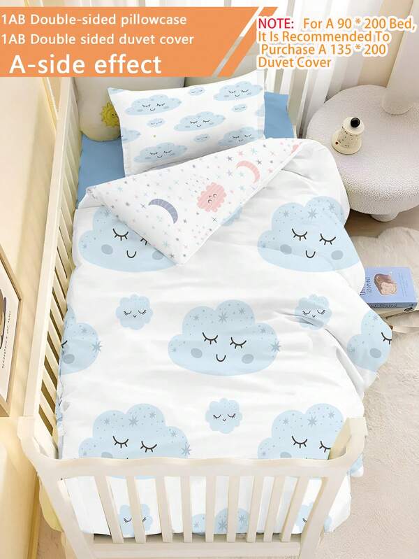 1/2 Stück umkehrbares süßes blaues Wolken Babybett Bettwäsche Set - doppelseitige Lächeln & Stern Muster Kinderzimmer Bettwäsche Weiche Bettdecke Set Allergikerfreundlich Kinderbedarf