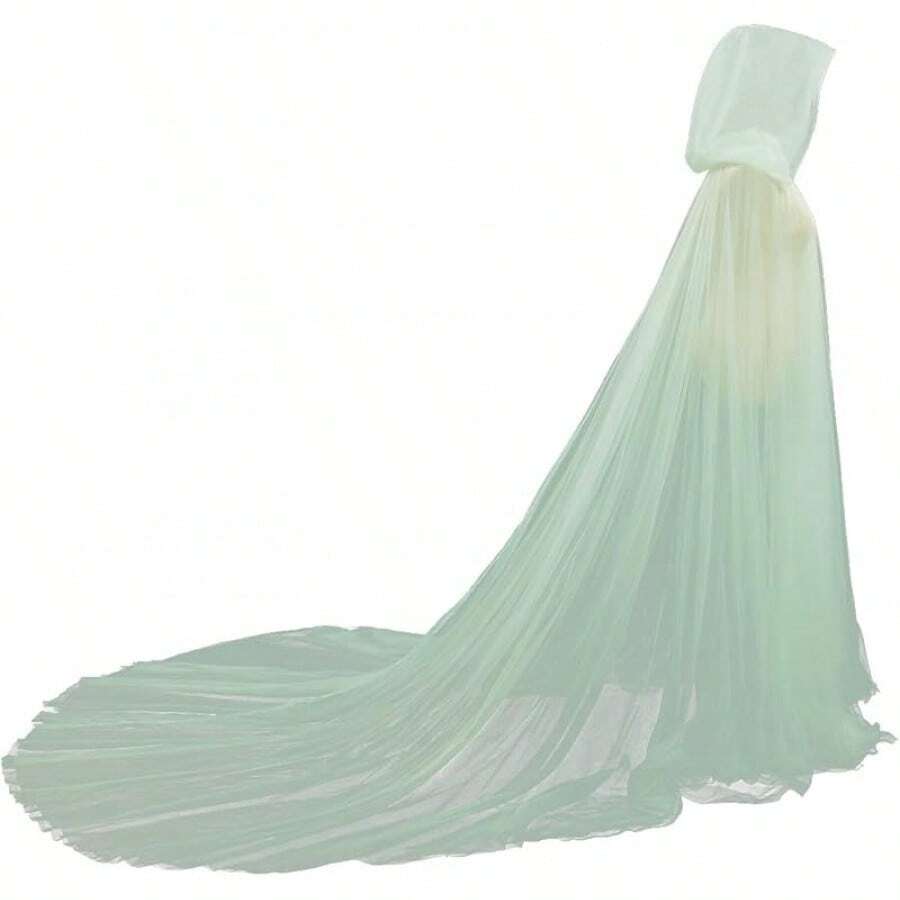 Bridal Tulle Cape With Long Train, Elegant Hooded Wedding Cloak For Bride, Inspired Dress Cover-Up - Light Green - 查看 1