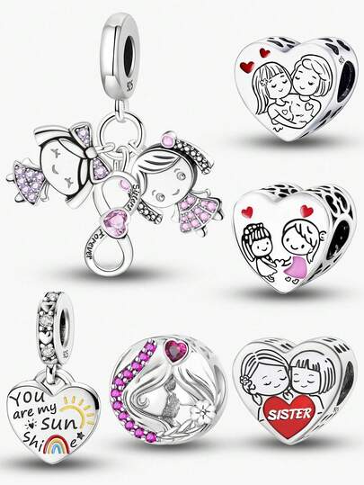 1Pc Fashionable Mother's Heart Charm Bead Fit For Women Bracelets Bangles DIY Jewelry Making And Daily Outfit Matching Jewelry Decoration For Girls