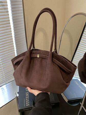 1pc Solid Color Suede Fabric Shoulder Bag For Women, Vintage Fashion Large Capacity Handbag With Dual Handles And Snap Closure, Suitable For Travel, Shopping, Dating, Women's Gift, Suitable For Teenage Girls, College Students, And Office Ladies, Great For Office, School, Work, Business, Commuting, Outdoor, Travel, Picnic, New Fall Fashion 2025 For Women