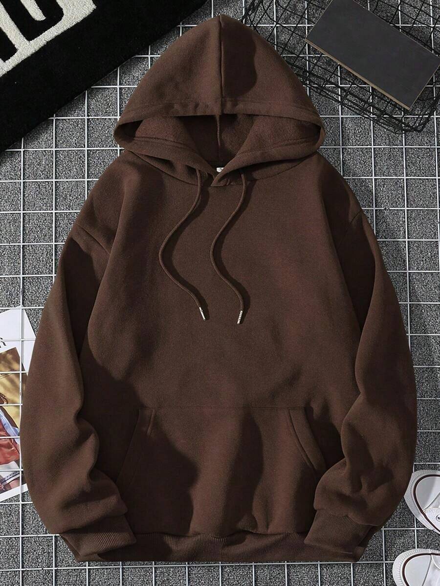 Plain Brown Sweatshirt Without Thermal Print With Solid Drawstring, Long Sleeve Tops - 咖啡棕 - 查看 1