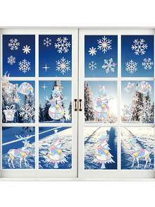 60 件（4 张）圣诞树、雪花、驯鹿、雪人、圣诞帽、礼物、星星窗贴、彩虹窗贴、彩色玻璃窗贴花，用于家居装饰、冬季装饰、防鸟撞、彩虹棱镜太阳捕手窗膜 - 彩色 - 查看 4
