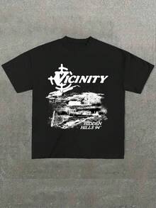 Boys & Teens' Casual Graphic Print Round Neck Short Sleeve T-Shirt, Summer Top - 黑色 - 查看 1
