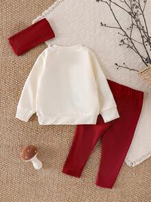 2pcs Baby Girls Casual Minimalist "DADDY'S GIRL" Letter Embroidered Sweatshirt And Leggings Set, Spring/Autumn - Red - View 3