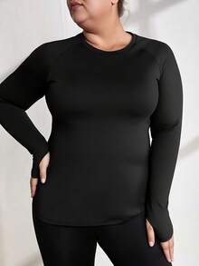 加大码女式柔软拇指孔圆领黑色长袖T恤，休闲户外骑行跑步紧身套头衫，秋冬春季 - 黑色 - 查看 4